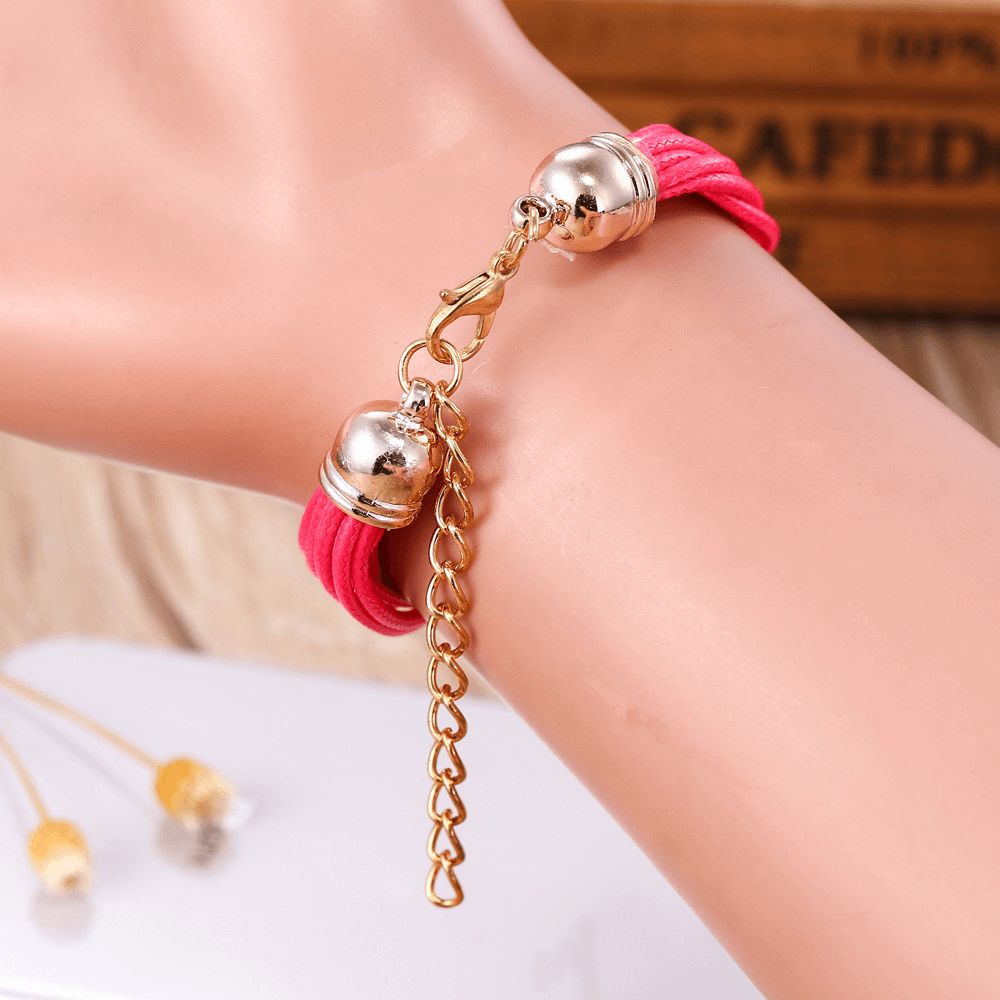 Gouden Kast Kleurrijke Lederen Kralen Band Dames Jurk Dames Armband Polsband Quartz Horloge