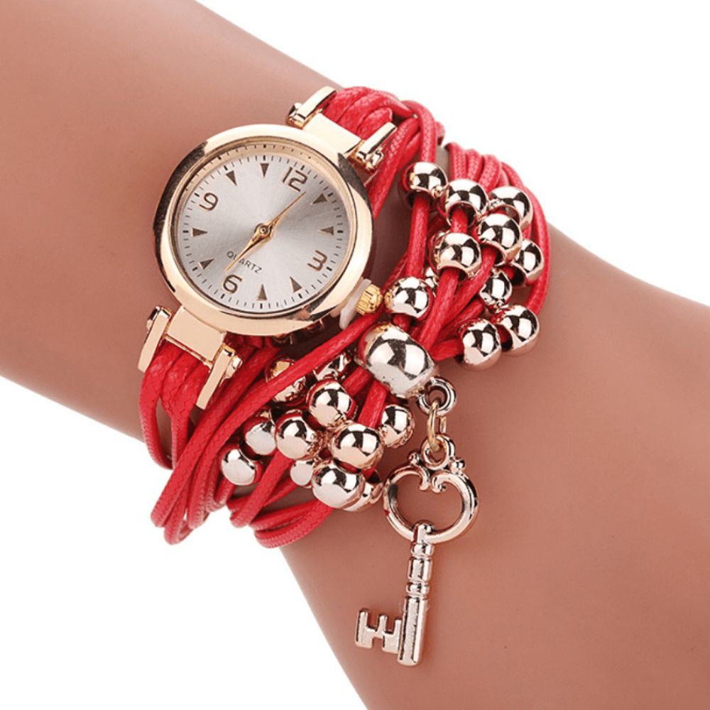 Gouden Kast Kleurrijke Lederen Kralen Band Dames Jurk Dames Armband Polsband Quartz Horloge