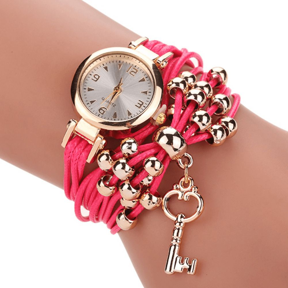 Gouden Kast Kleurrijke Lederen Kralen Band Dames Jurk Dames Armband Polsband Quartz Horloge