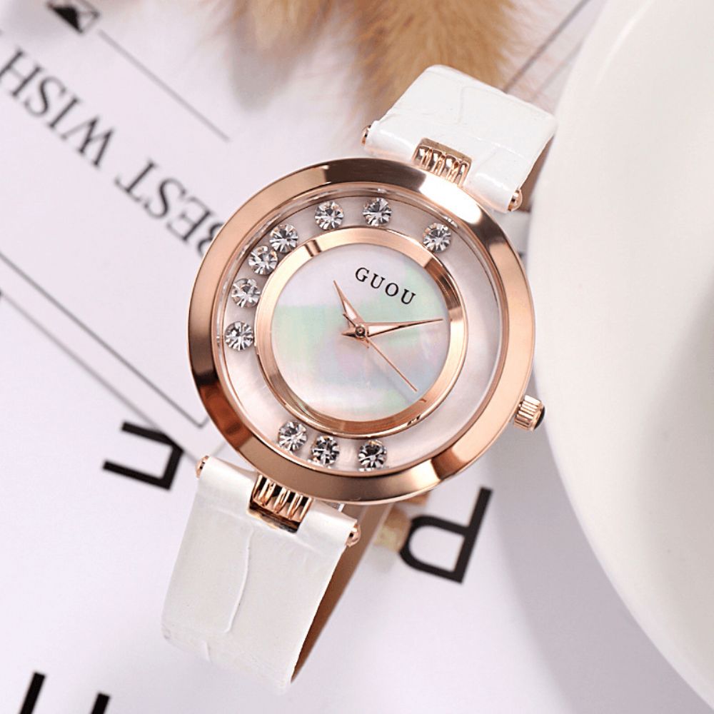 Guou 8039 Mode Dames Horloge Licht Luxe Volledig Staal Glitter Diamant Lederen Band Vrouwelijk Quartz Horloge