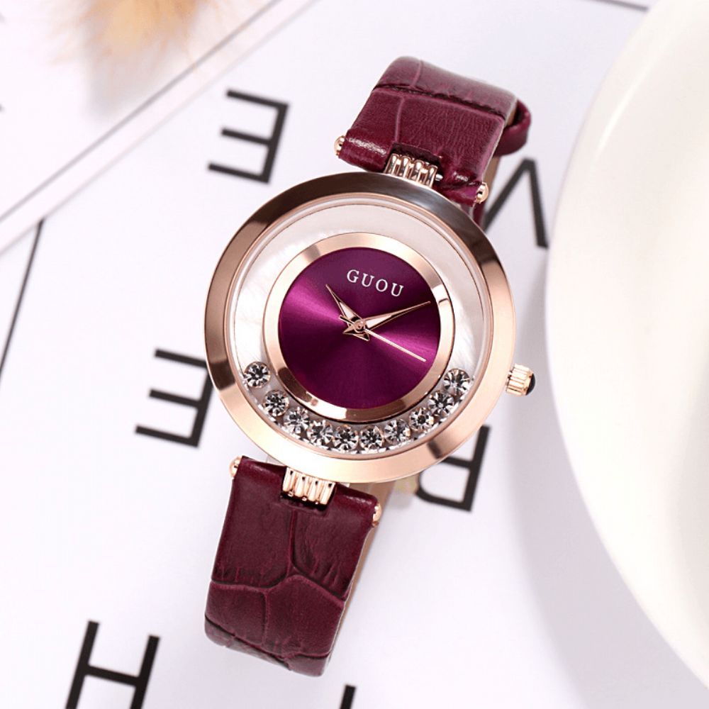 Guou 8039 Mode Dames Horloge Licht Luxe Volledig Staal Glitter Diamant Lederen Band Vrouwelijk Quartz Horloge