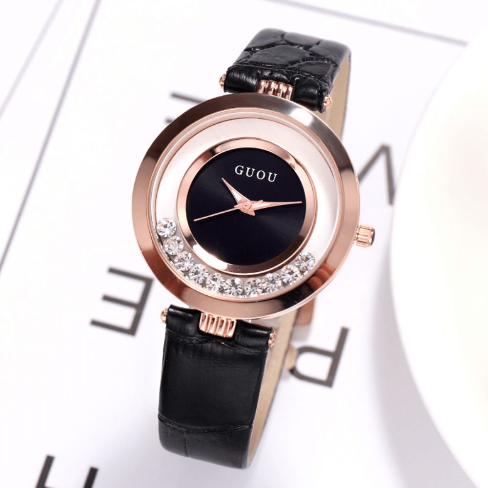 Guou 8039 Mode Dames Horloge Licht Luxe Volledig Staal Glitter Diamant Lederen Band Vrouwelijk Quartz Horloge