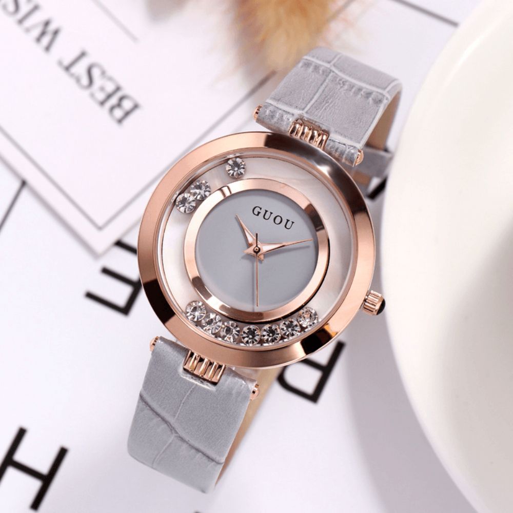 Guou 8039 Mode Dames Horloge Licht Luxe Volledig Staal Glitter Diamant Lederen Band Vrouwelijk Quartz Horloge