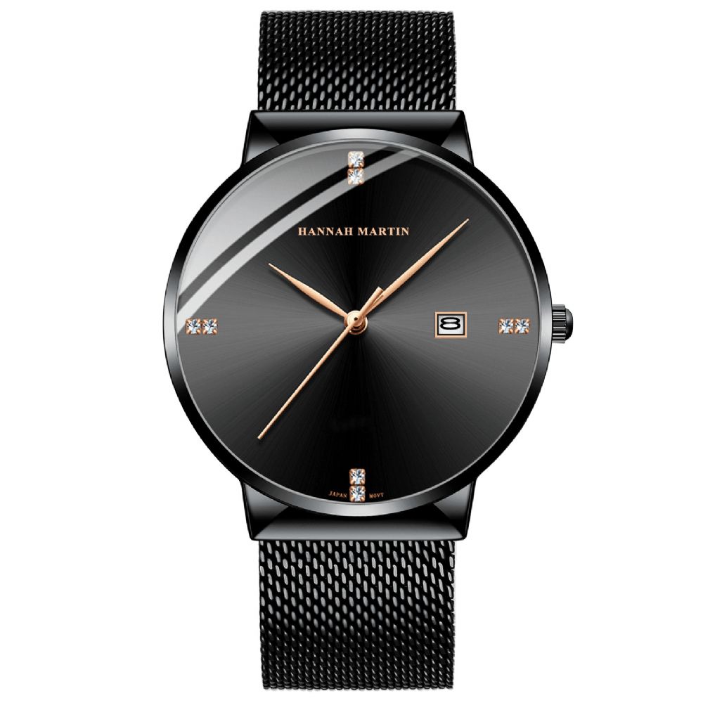 Hannah Martin Hm901 Business Casual Diamond Rvs Mesh Band Datumweergave Waterdicht Heren Polshorloge Quartz Horloges