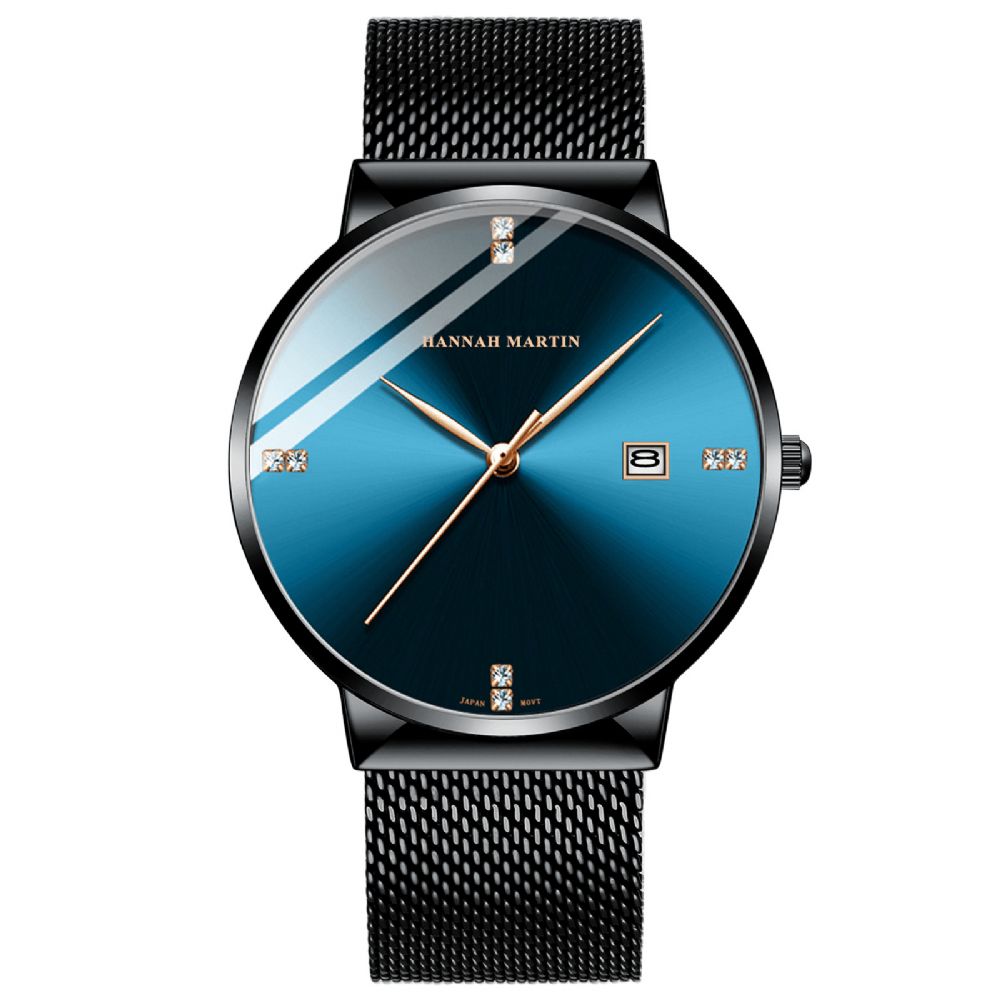 Hannah Martin Hm901 Business Casual Diamond Rvs Mesh Band Datumweergave Waterdicht Heren Polshorloge Quartz Horloges