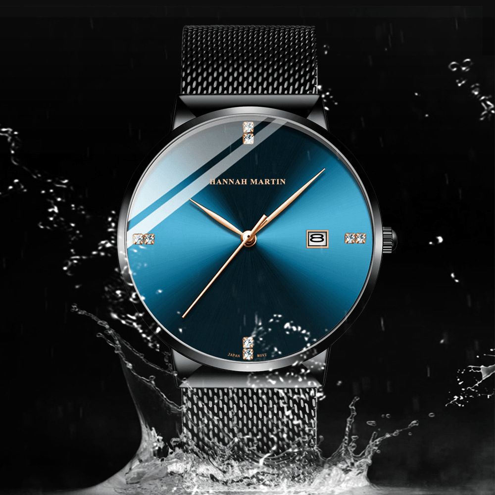 Hannah Martin Hm901 Business Casual Diamond Rvs Mesh Band Datumweergave Waterdicht Heren Polshorloge Quartz Horloges