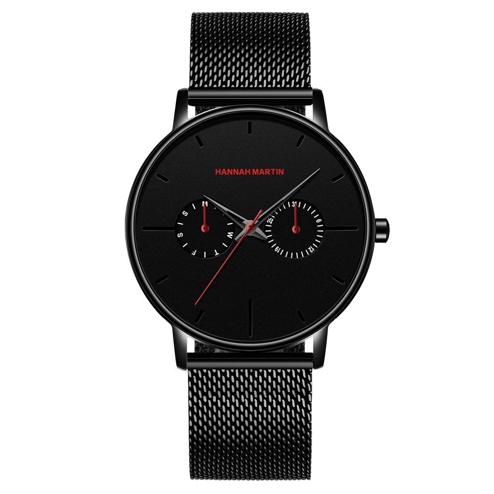 Hannah Martin Mode Casual Met Kalender Dual Dial Steel Mesh Pu Lederen Band 3Atm Waterdicht Heren Quartz Horloge