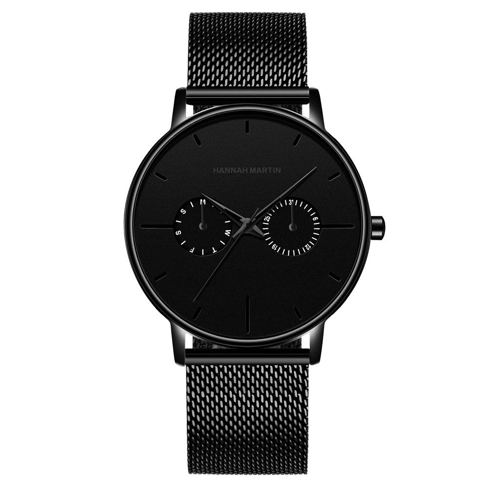 Hannah Martin Mode Casual Met Kalender Dual Dial Steel Mesh Pu Lederen Band 3Atm Waterdicht Heren Quartz Horloge