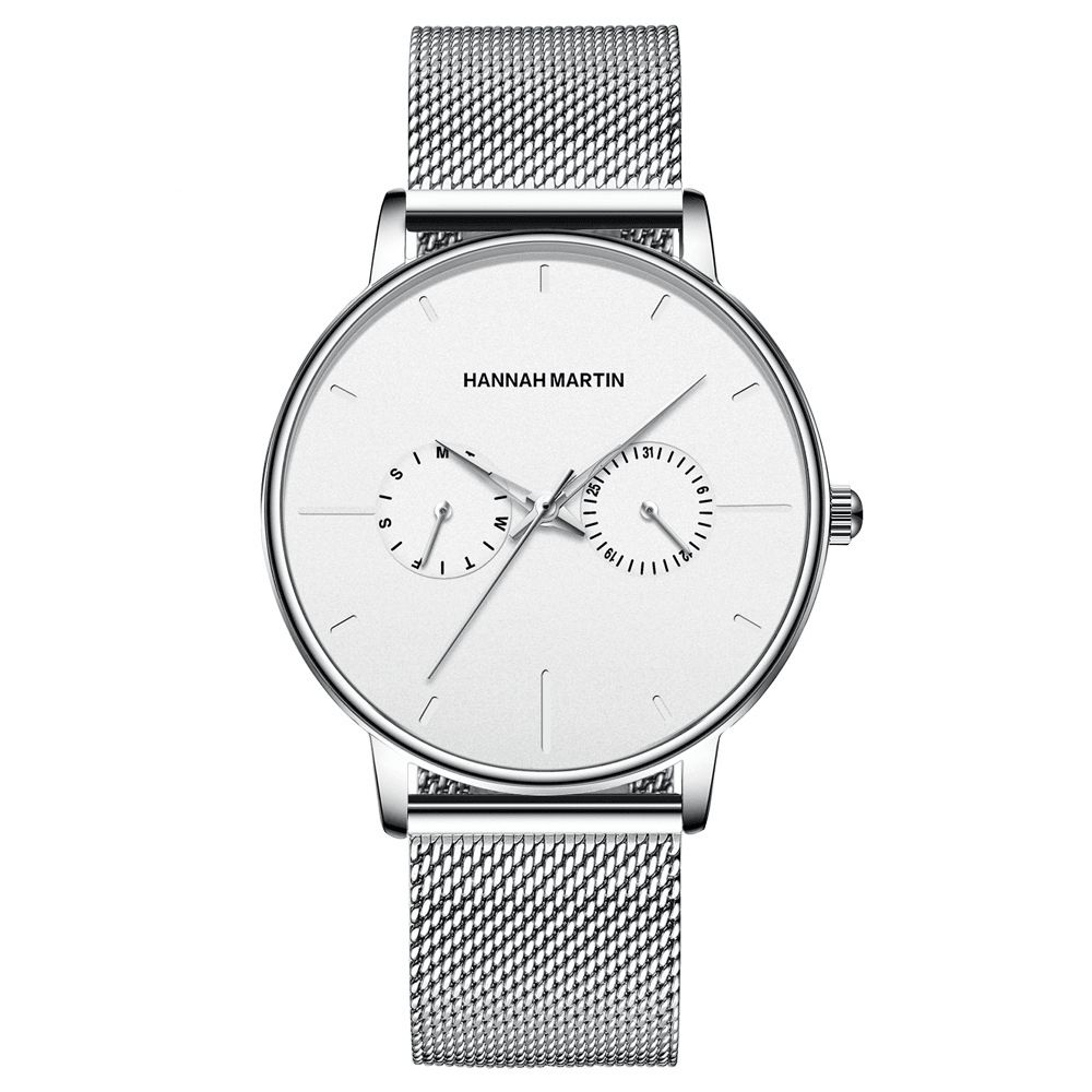 Hannah Martin Mode Casual Met Kalender Dual Dial Steel Mesh Pu Lederen Band 3Atm Waterdicht Heren Quartz Horloge