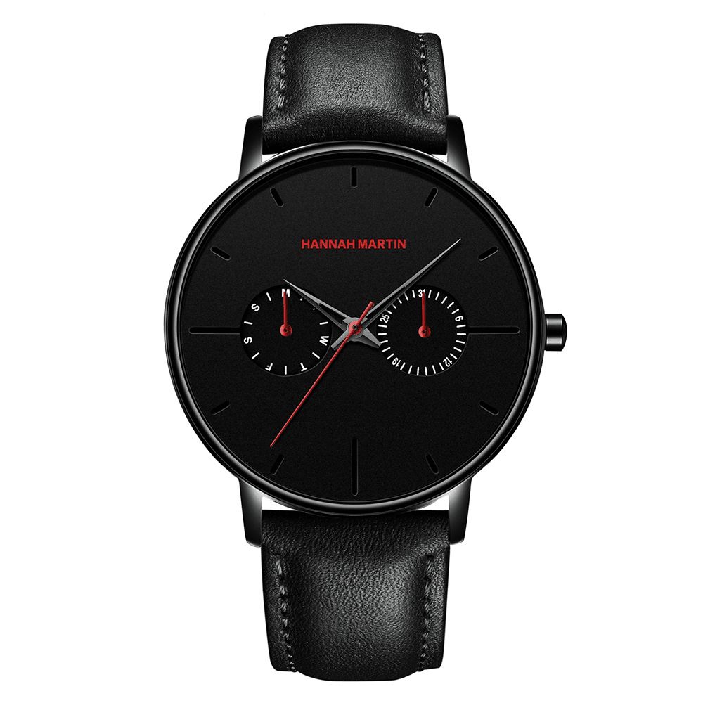 Hannah Martin Mode Casual Met Kalender Dual Dial Steel Mesh Pu Lederen Band 3Atm Waterdicht Heren Quartz Horloge