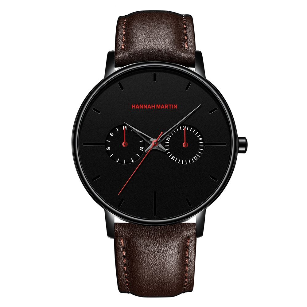 Hannah Martin Mode Casual Met Kalender Dual Dial Steel Mesh Pu Lederen Band 3Atm Waterdicht Heren Quartz Horloge