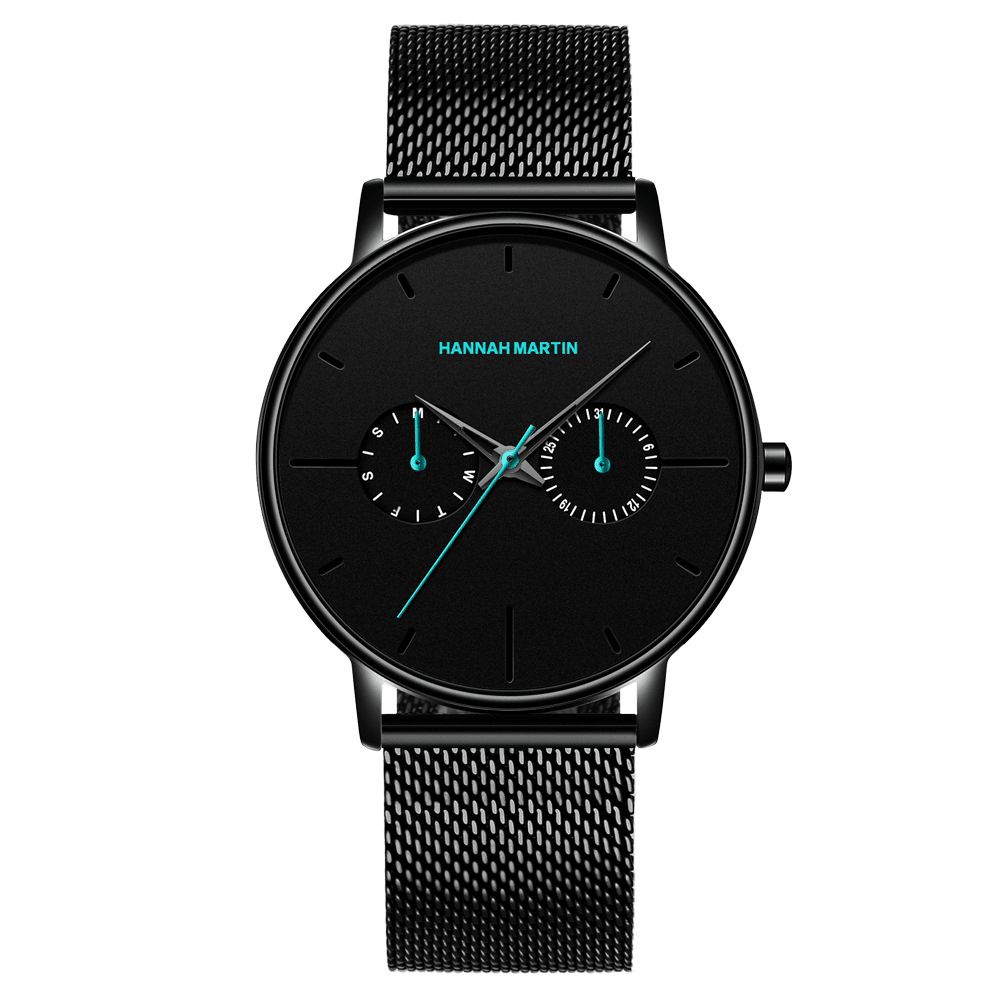 Hannah Martin Mode Casual Met Kalender Dual Dial Steel Mesh Pu Lederen Band 3Atm Waterdicht Heren Quartz Horloge