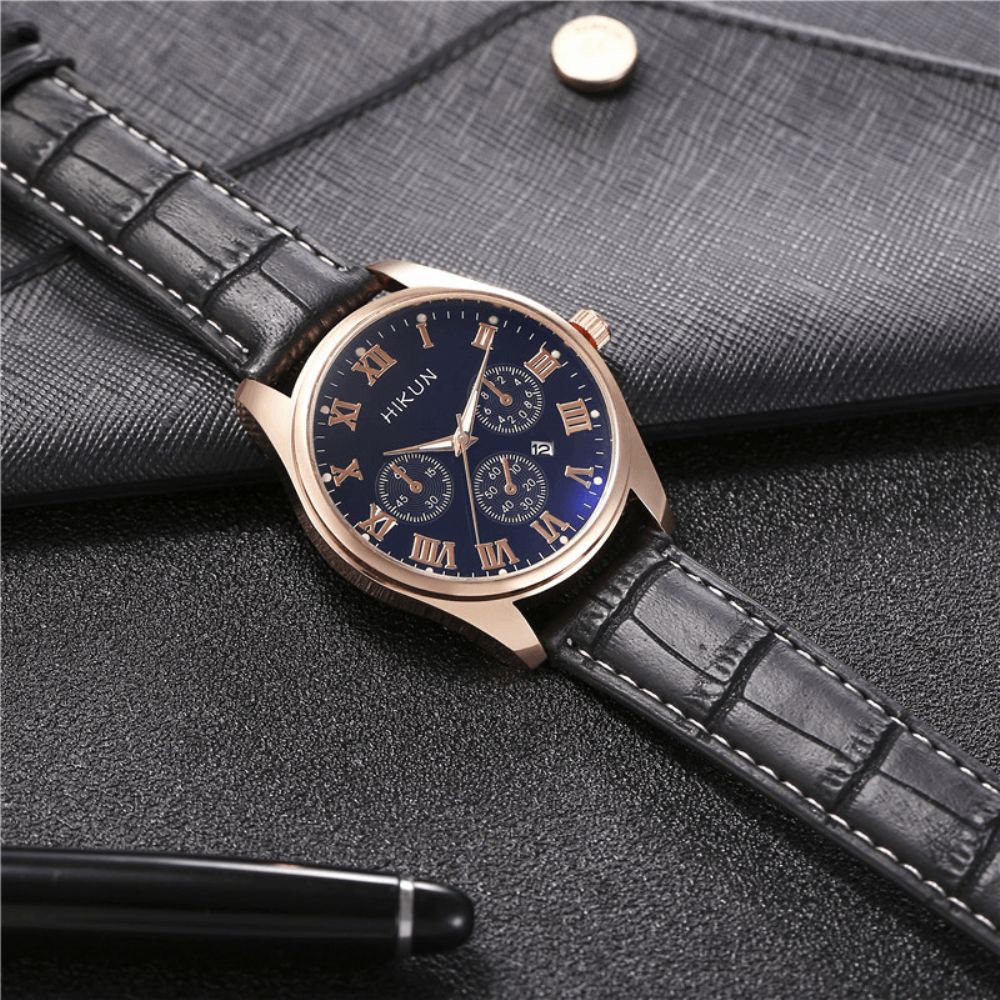 Hikun Business Casual Grote Eenvoudige Wijzerplaat Pu Lederen Band Heren Quartz Horloge