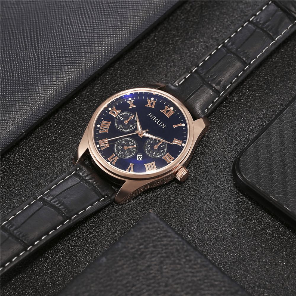 Hikun Business Casual Grote Eenvoudige Wijzerplaat Pu Lederen Band Heren Quartz Horloge