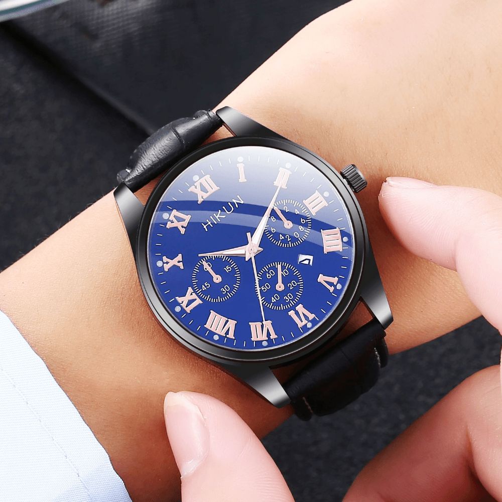 Hikun Business Casual Grote Eenvoudige Wijzerplaat Pu Lederen Band Heren Quartz Horloge