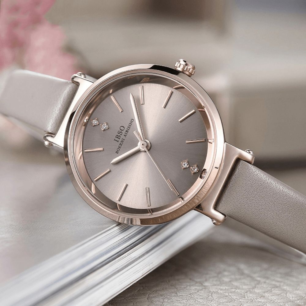 Ibso S8688L Ultradun Dames Polshorloge Kristal Elegant Design Lederen Band Quartz Horloge