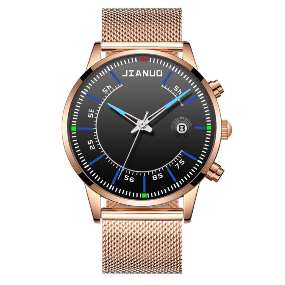 Jianuo Herenhorloge Legering Sport Zakelijk Waterdicht Lichtgevende Kalender Mesh Riem Quartz Horloge