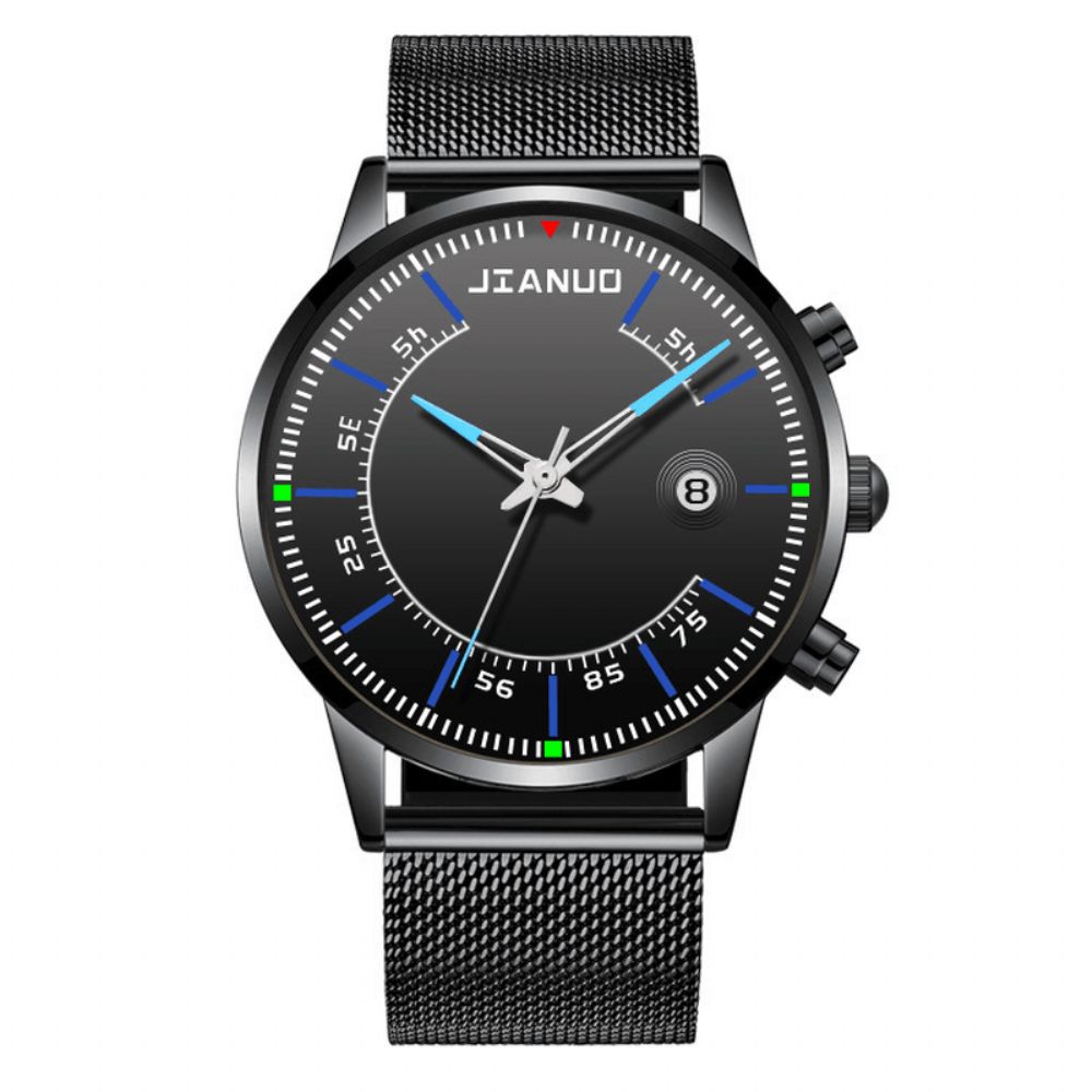 Jianuo Herenhorloge Legering Sport Zakelijk Waterdicht Lichtgevende Kalender Mesh Riem Quartz Horloge