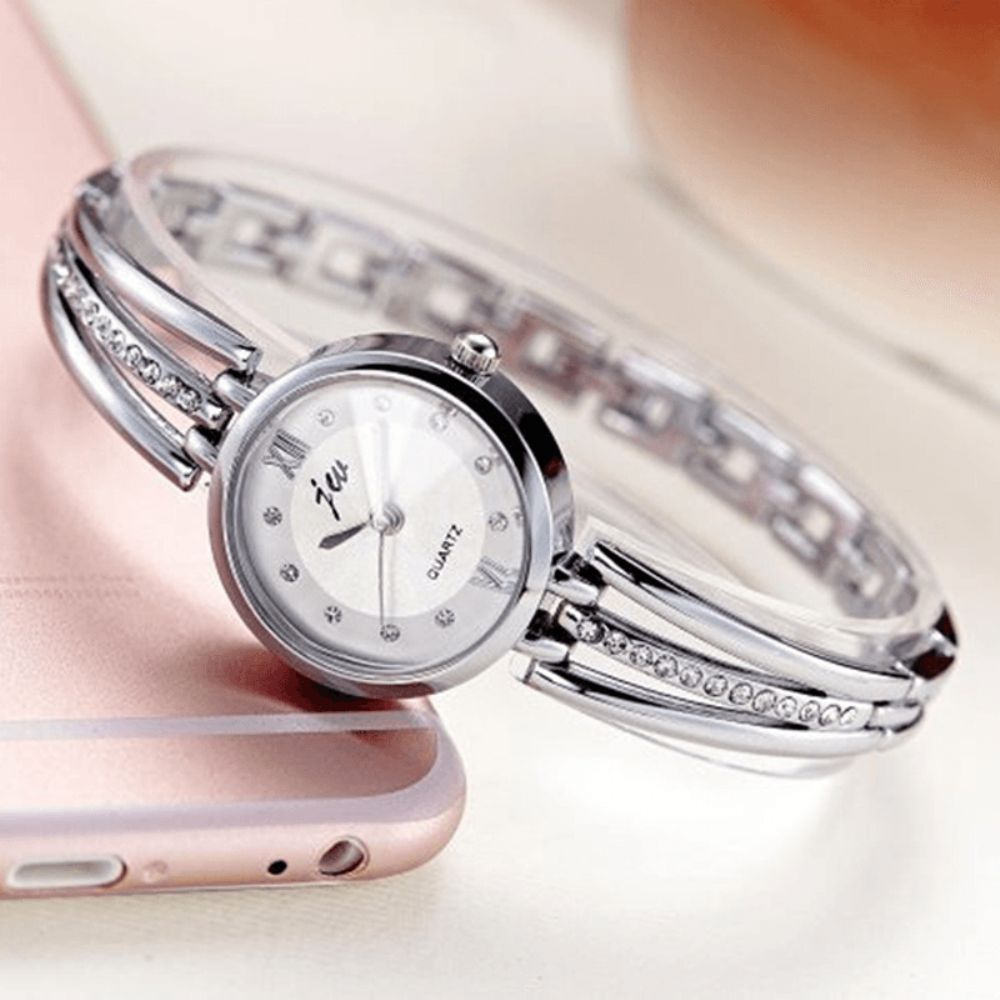 Jw 3512 Mode Ronde Wijzerplaat Steentjes Legering Dame Armband Vrouwen Jurk Quartz Horloge: