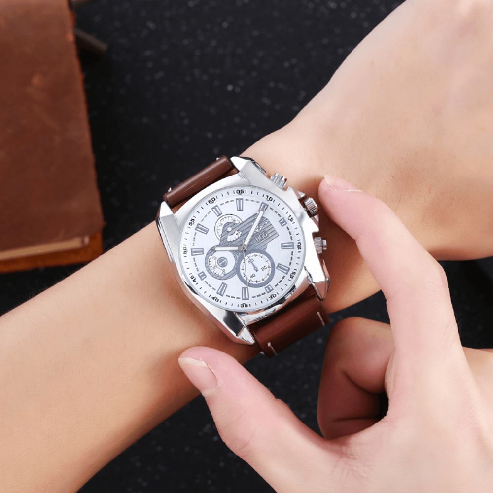 K0012 Leisure Sport Heren Horloges Legering Case Lederen Band Creatieve Driedimensionale Wijzerplaat Quartz Horloges