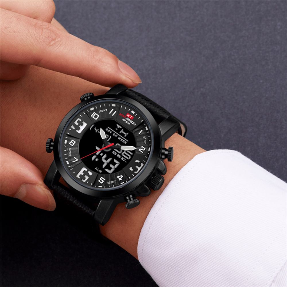 Kat-Wach 1845 Multifunctioneel Digitaal Horloge Lichtgevende Led Chronograaf Kalender Lederen Band 5Atm Waterdicht Outdoor Mannen Dual Display Horloge