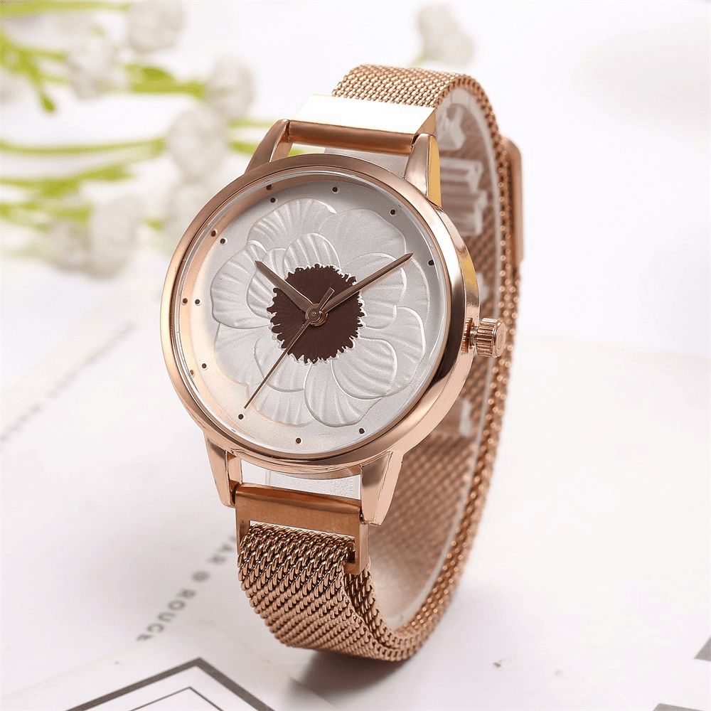 Kh019 Mode Elegant 3D Bloempatroon Magnetische Gesp Milanese Mesh Stalen Band Dames Horloges Quartz Horloge