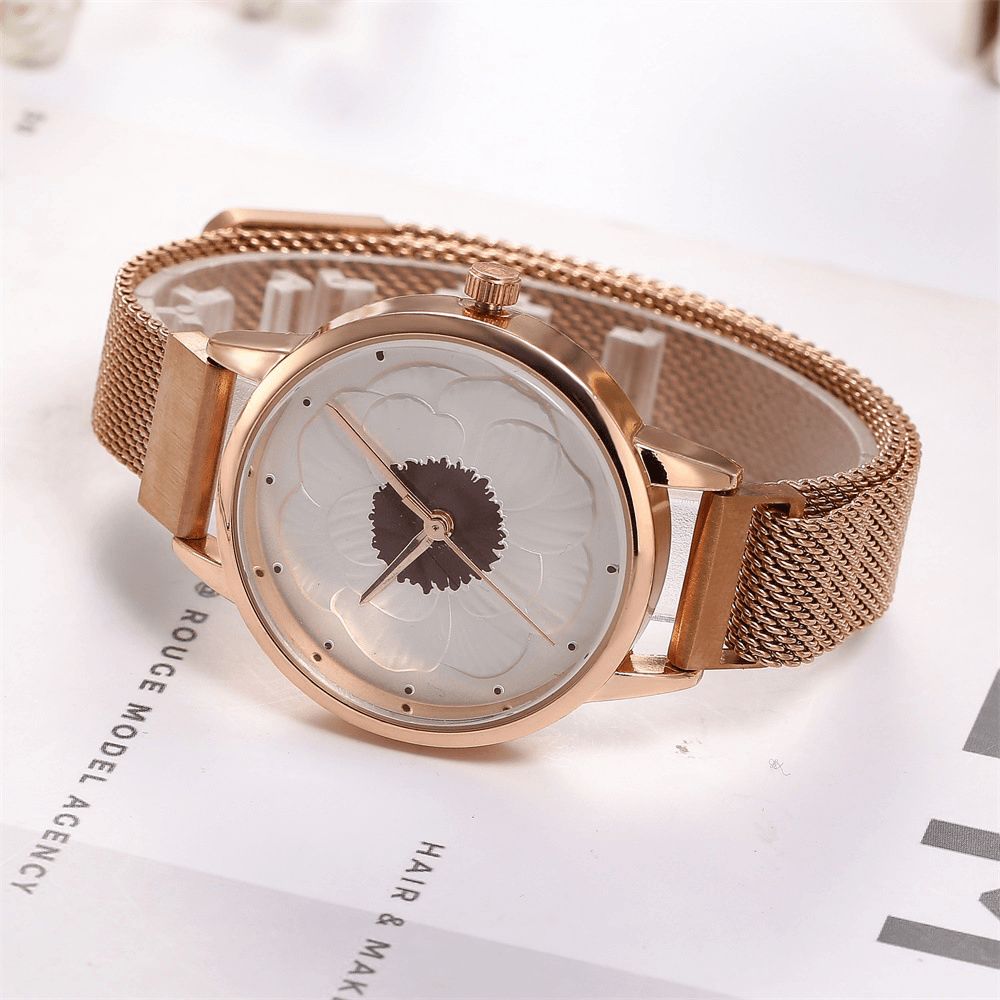 Kh019 Mode Elegant 3D Bloempatroon Magnetische Gesp Milanese Mesh Stalen Band Dames Horloges Quartz Horloge