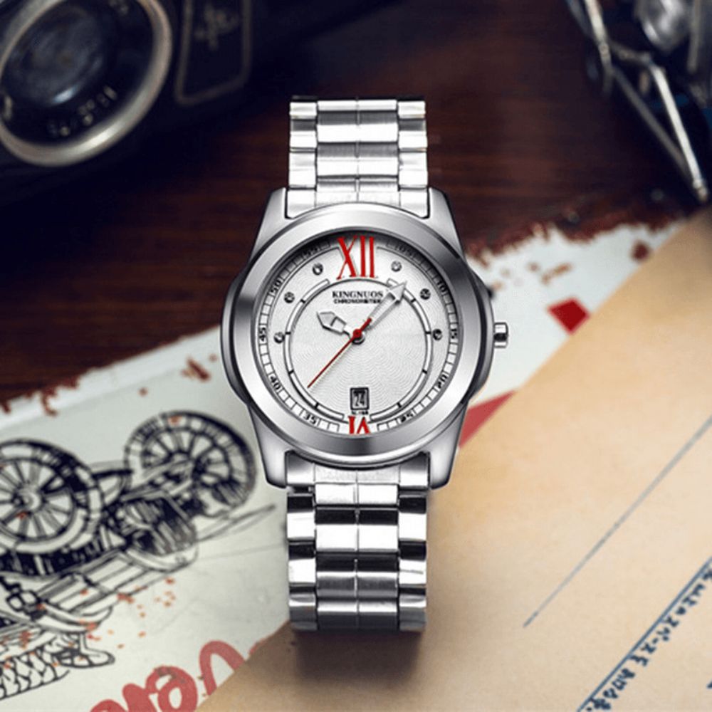 Kingnuos K-198 Hardles Glazen Quartz Horloges Roestvrij Stalen Band Zakelijke Stijl Herenhorloge