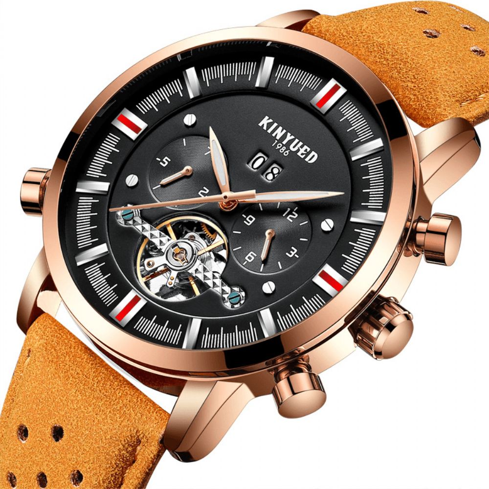 Kinyued Jyd-J019 Mode-Stijl Brathable Lederen Band Automatisch Heren Zakelijk Mechanisch Horloge