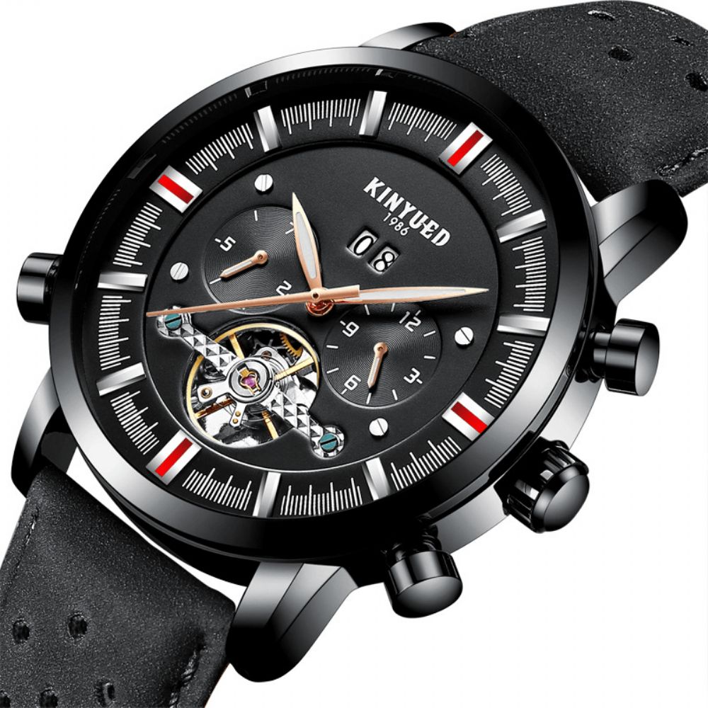 Kinyued Jyd-J019 Mode-Stijl Brathable Lederen Band Automatisch Heren Zakelijk Mechanisch Horloge