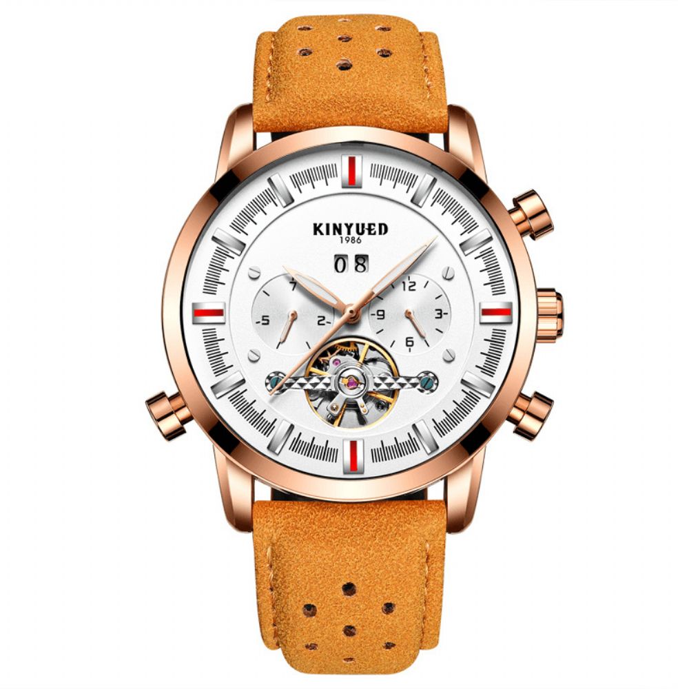 Kinyued Jyd-J019 Mode-Stijl Brathable Lederen Band Automatisch Heren Zakelijk Mechanisch Horloge