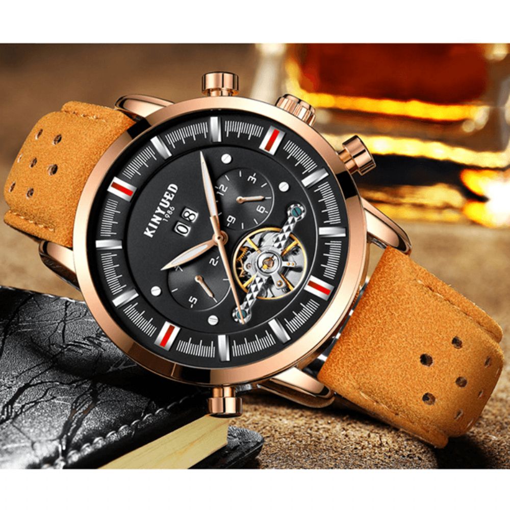 Kinyued Jyd-J019 Mode-Stijl Brathable Lederen Band Automatisch Heren Zakelijk Mechanisch Horloge