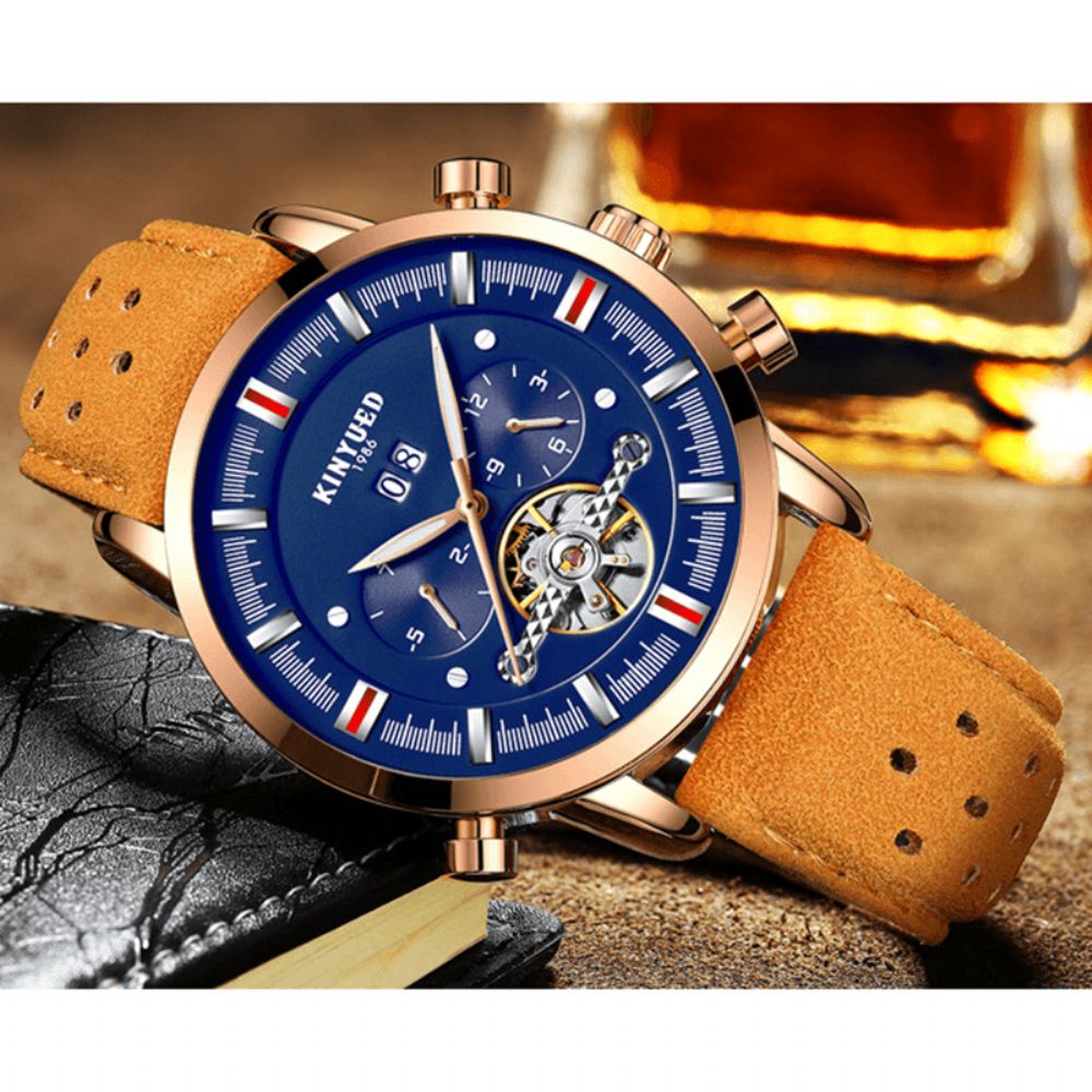 Kinyued Jyd-J019 Mode-Stijl Brathable Lederen Band Automatisch Heren Zakelijk Mechanisch Horloge