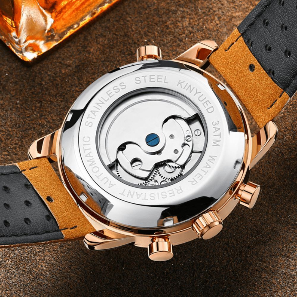 Kinyued Jyd-J019 Mode-Stijl Brathable Lederen Band Automatisch Heren Zakelijk Mechanisch Horloge