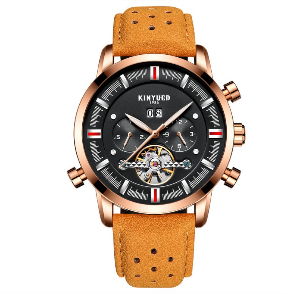 Kinyued Jyd-J019 Mode-Stijl Brathable Lederen Band Automatisch Heren Zakelijk Mechanisch Horloge