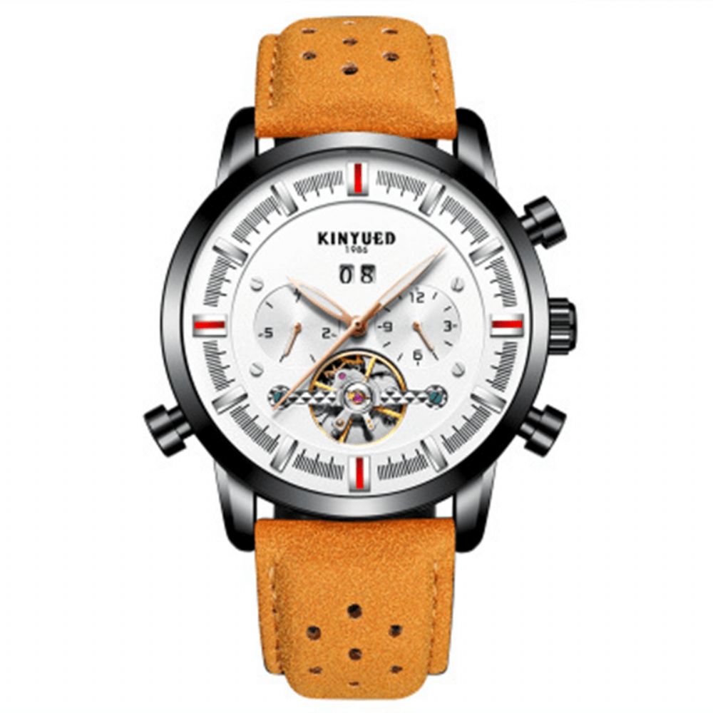 Kinyued Jyd-J019 Mode-Stijl Brathable Lederen Band Automatisch Heren Zakelijk Mechanisch Horloge