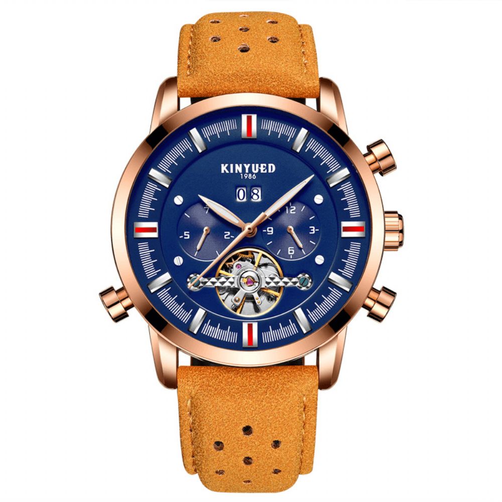 Kinyued Jyd-J019 Mode-Stijl Brathable Lederen Band Automatisch Heren Zakelijk Mechanisch Horloge