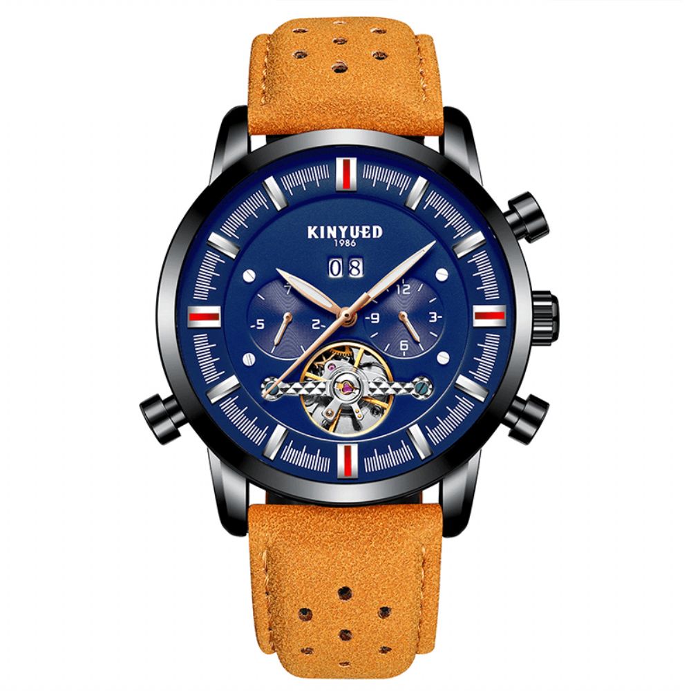 Kinyued Jyd-J019 Mode-Stijl Brathable Lederen Band Automatisch Heren Zakelijk Mechanisch Horloge