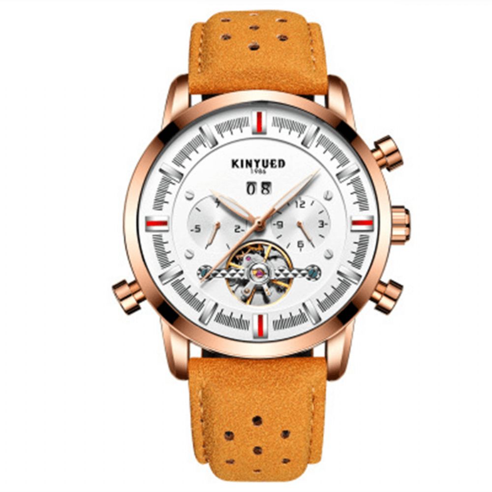 Kinyued Jyd-J019 Mode-Stijl Brathable Lederen Band Automatisch Heren Zakelijk Mechanisch Horloge