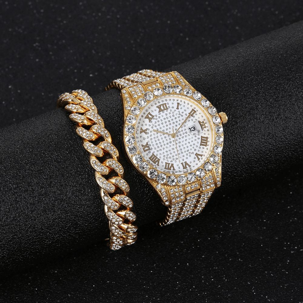 Legering Hip Hop Luxe 2 Pcs Hip-Hop Chain Volledige Diamond Horloge Armband Lady Quartz Horloge: