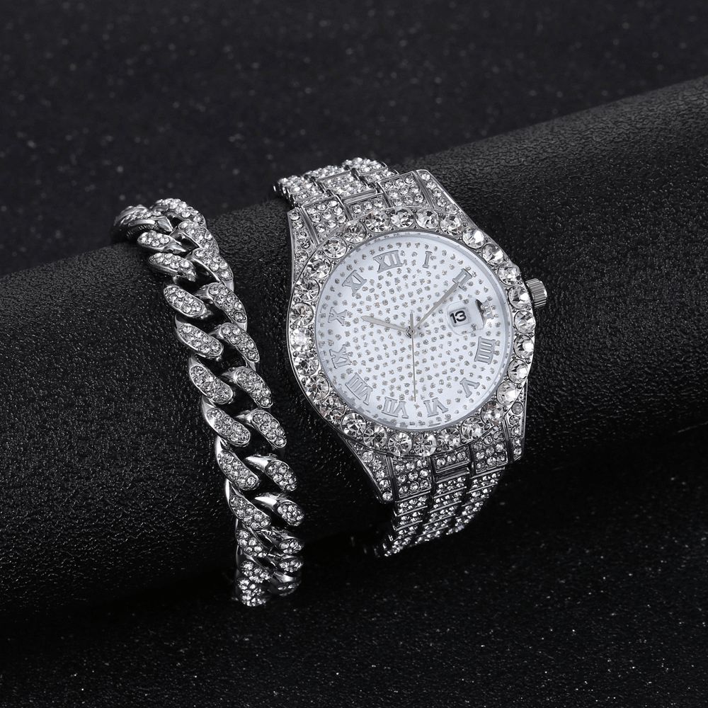 Legering Hip Hop Luxe 2 Pcs Hip-Hop Chain Volledige Diamond Horloge Armband Lady Quartz Horloge: