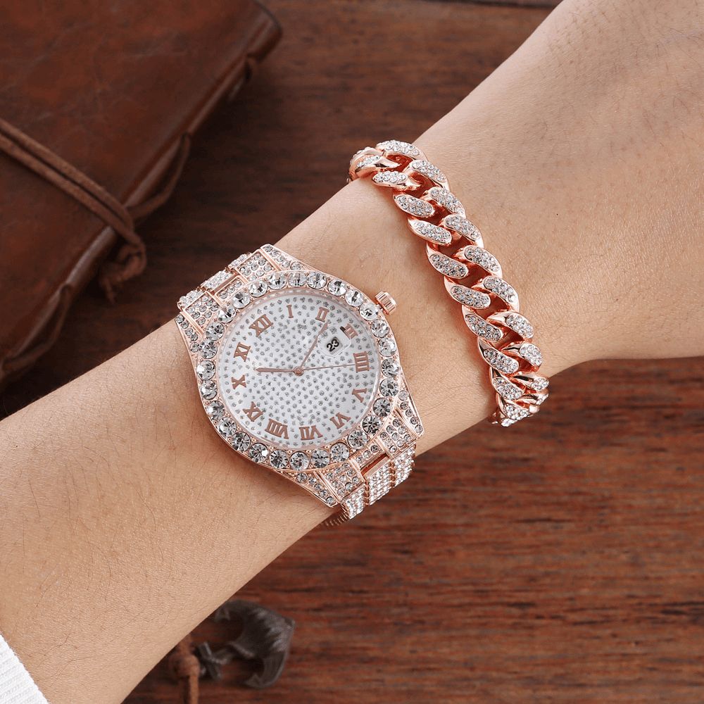 Legering Hip Hop Luxe 2 Pcs Hip-Hop Chain Volledige Diamond Horloge Armband Lady Quartz Horloge: