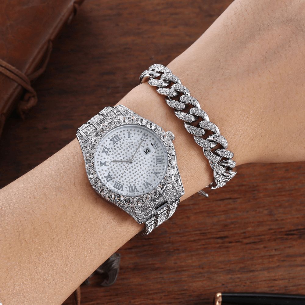 Legering Hip Hop Luxe 2 Pcs Hip-Hop Chain Volledige Diamond Horloge Armband Lady Quartz Horloge: