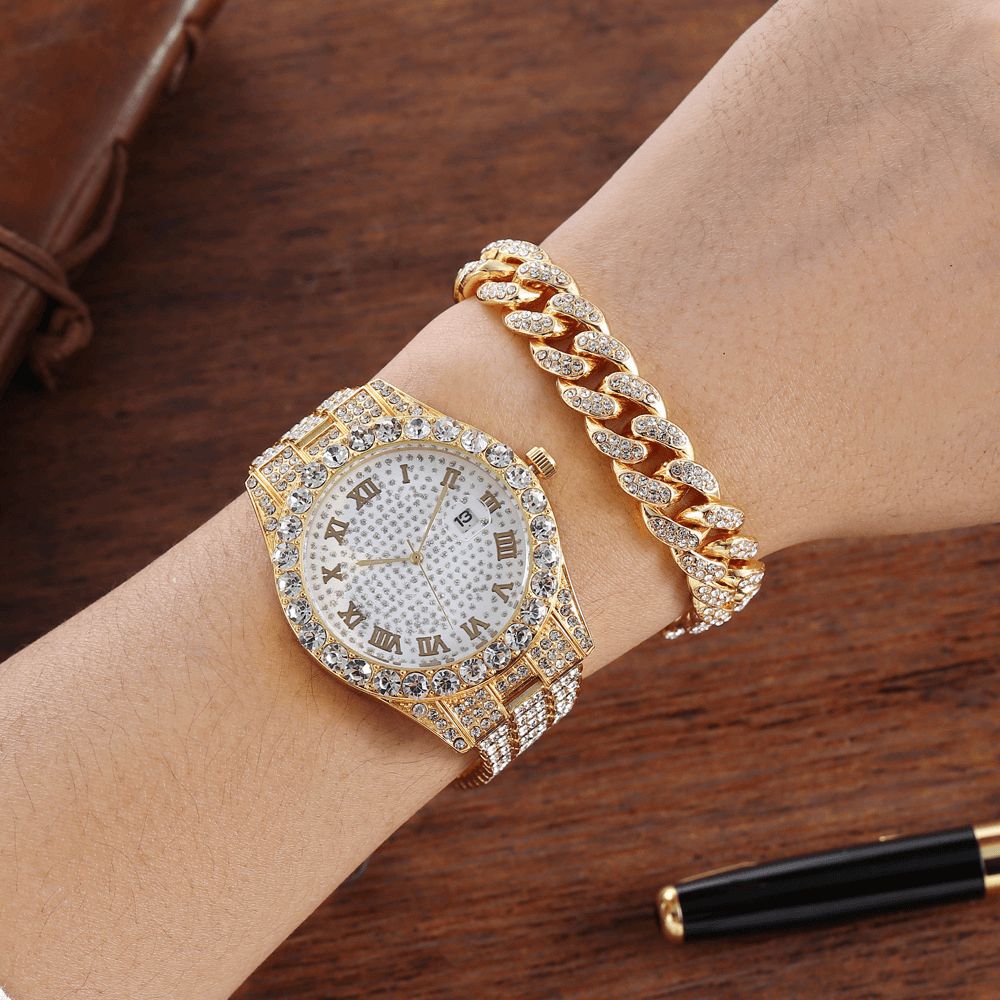 Legering Hip Hop Luxe 2 Pcs Hip-Hop Chain Volledige Diamond Horloge Armband Lady Quartz Horloge: