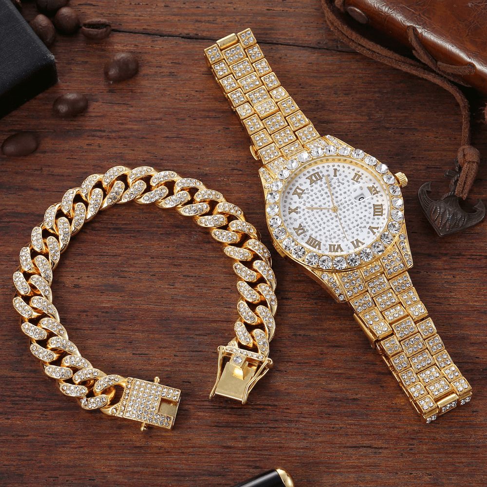 Legering Hip Hop Luxe 2 Pcs Hip-Hop Chain Volledige Diamond Horloge Armband Lady Quartz Horloge: