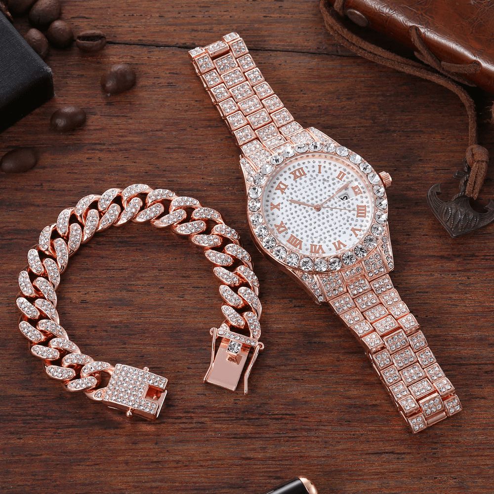 Legering Hip Hop Luxe 2 Pcs Hip-Hop Chain Volledige Diamond Horloge Armband Lady Quartz Horloge: