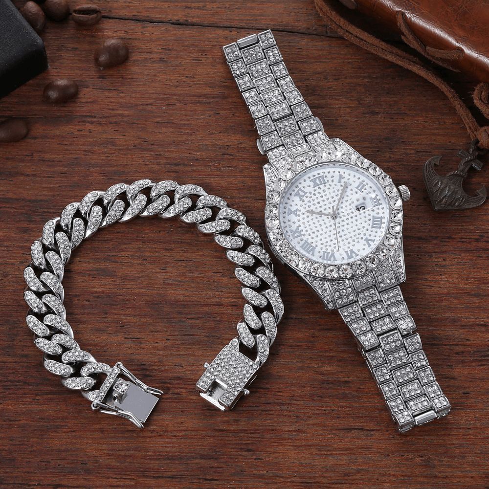 Legering Hip Hop Luxe 2 Pcs Hip-Hop Chain Volledige Diamond Horloge Armband Lady Quartz Horloge: