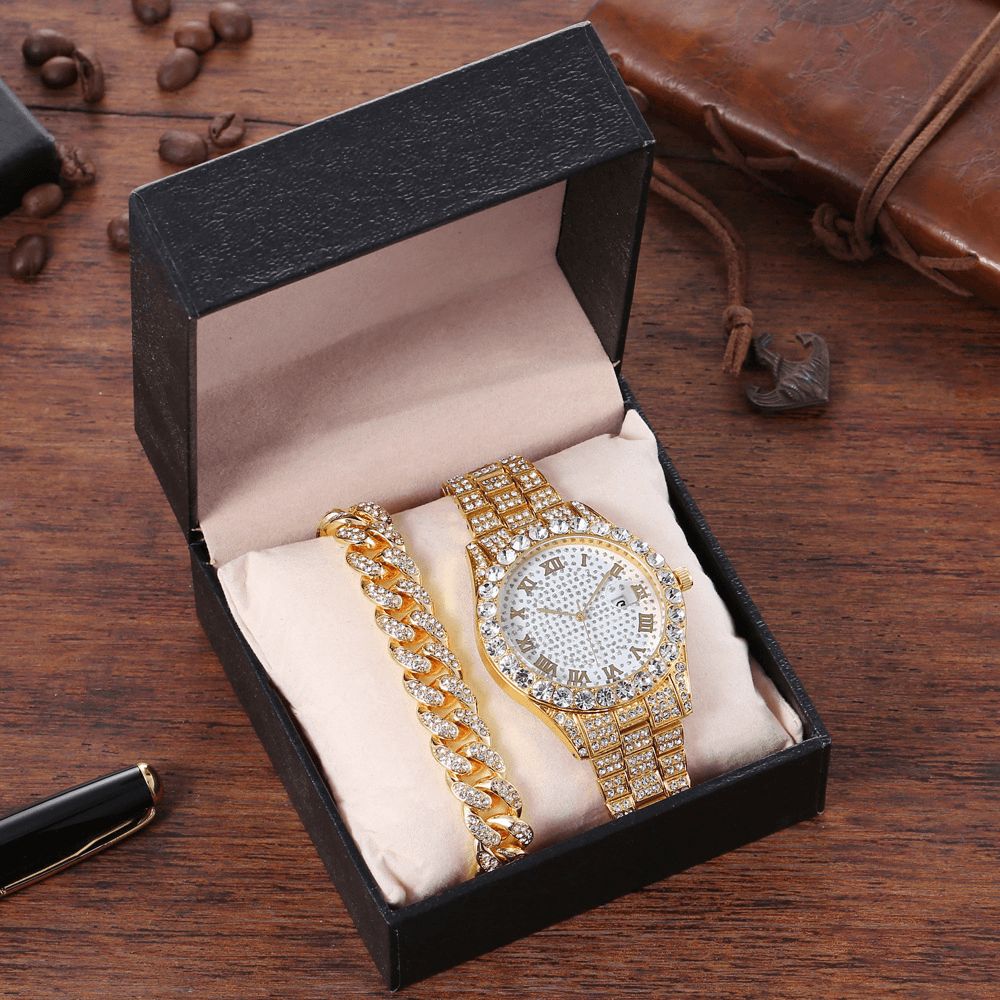 Legering Hip Hop Luxe 2 Pcs Hip-Hop Chain Volledige Diamond Horloge Armband Lady Quartz Horloge: