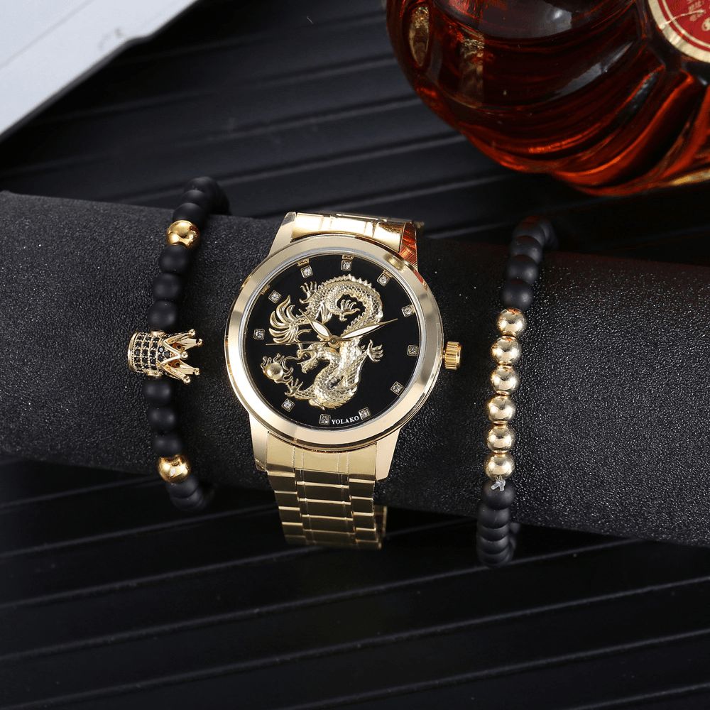 Legering Rvs Draak Patroon Heren Zakelijk Horloge Versierd Pointer Quartz Horloge Armband: