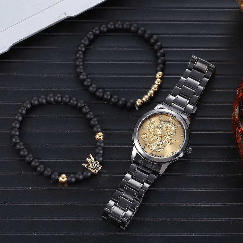 Legering Rvs Draak Patroon Heren Zakelijk Horloge Versierd Pointer Quartz Horloge Armband: